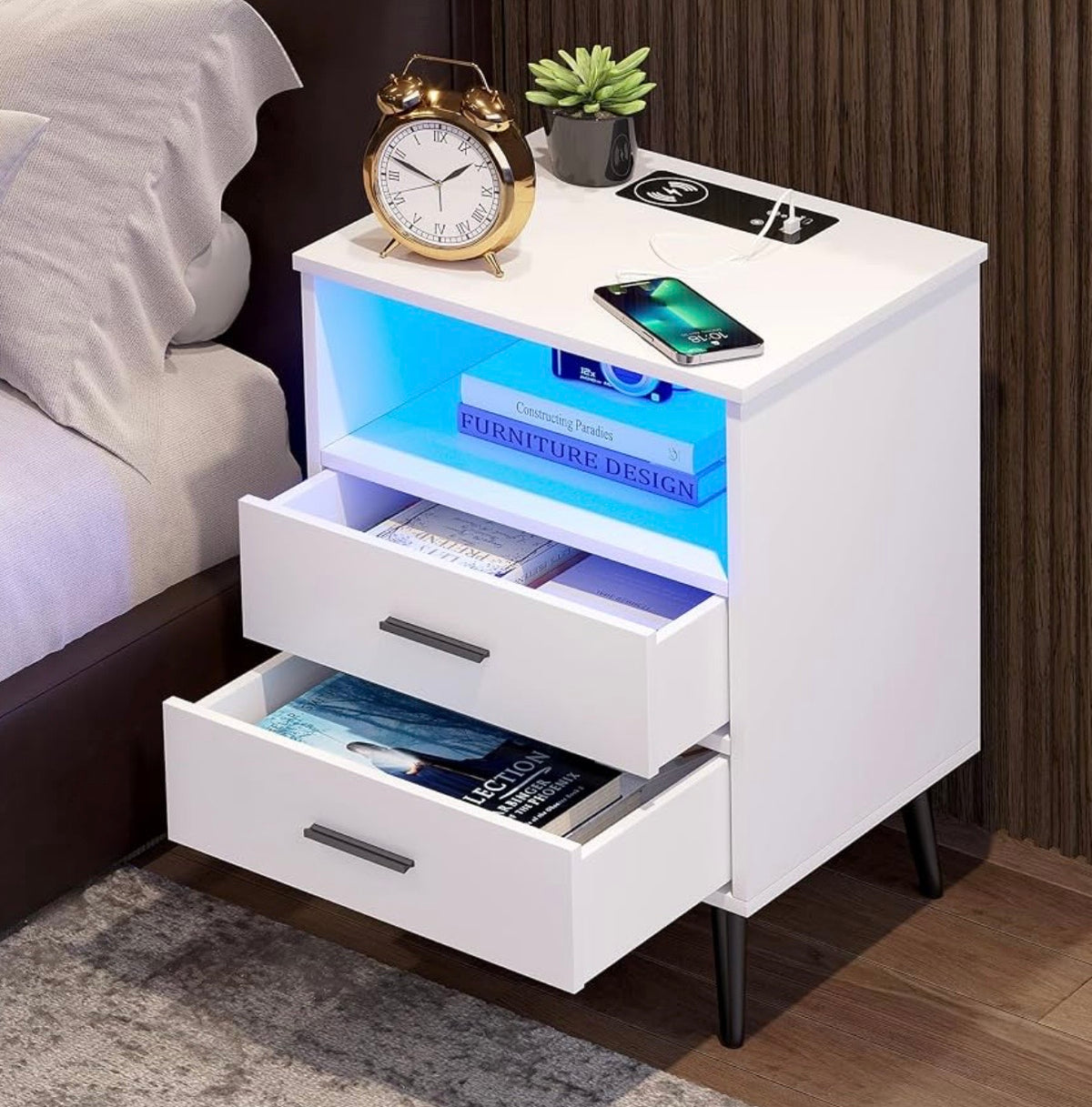 End Table - LED Night Stand with Charging Station, Dimmable Lighting