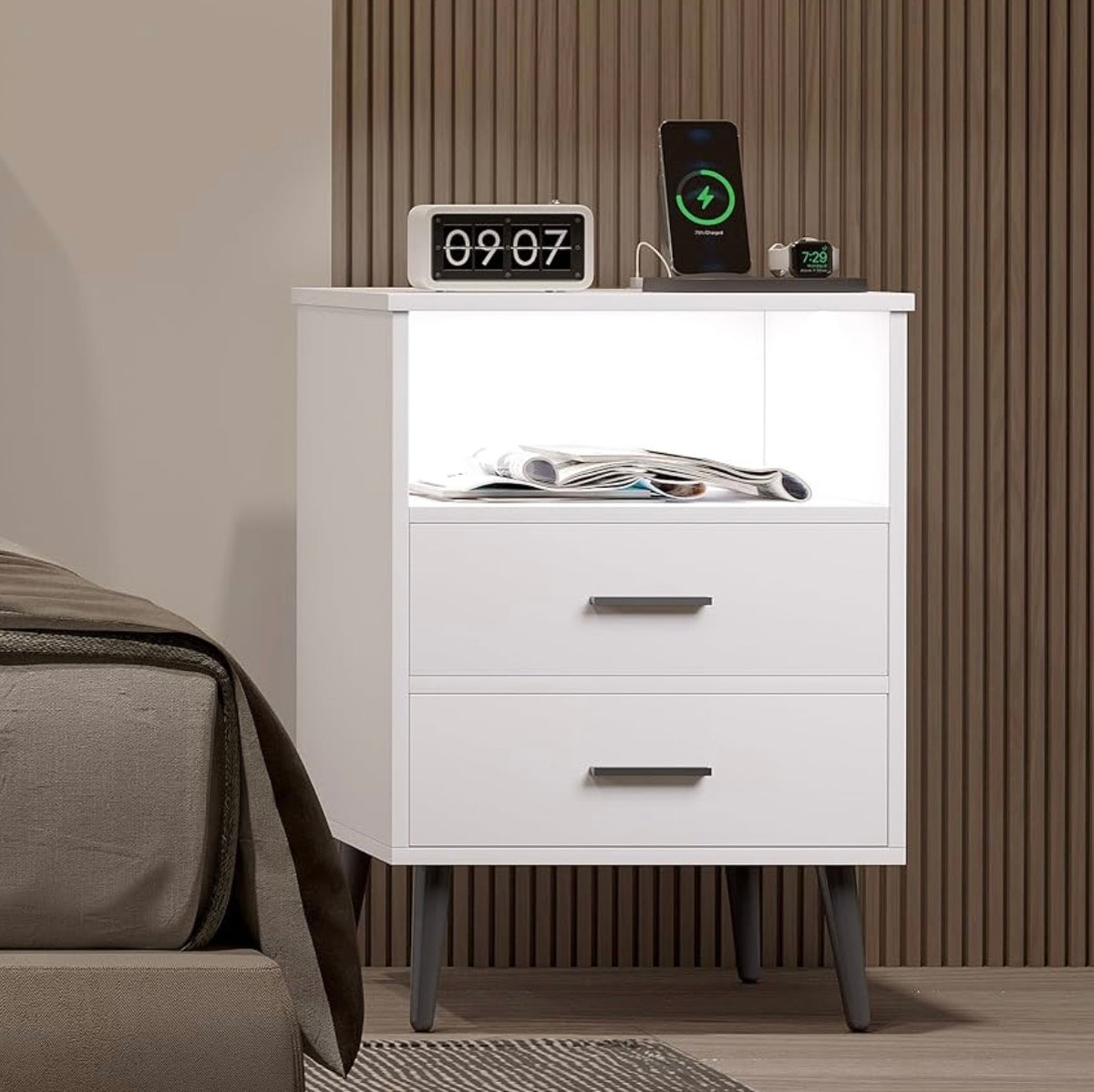 End Table - LED Night Stand with Charging Station, Dimmable Lighting