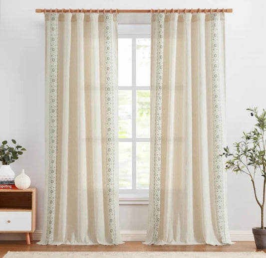 Curtain - 54” x 94” Linen Blend Embroidered Floral Farmhouse Curtains (3 Panels Available)