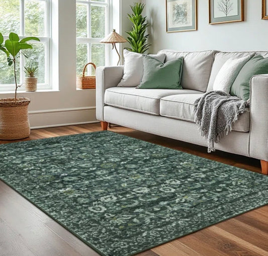 Rug - 4’ x 6’ Green Machine Washable Area Rug Non Slip Bedroom Rugs