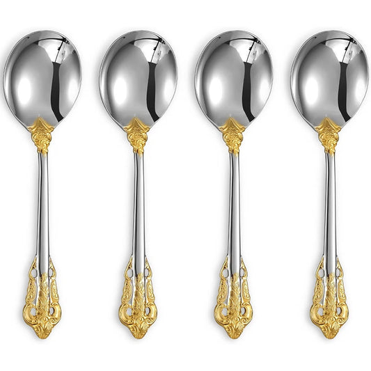 Flatware - Luxury Round Soup Spoon Set Of 4, 18/10 Stainless Steel Bouillon Spoon With Mirror Polish, Dishwasher Safe