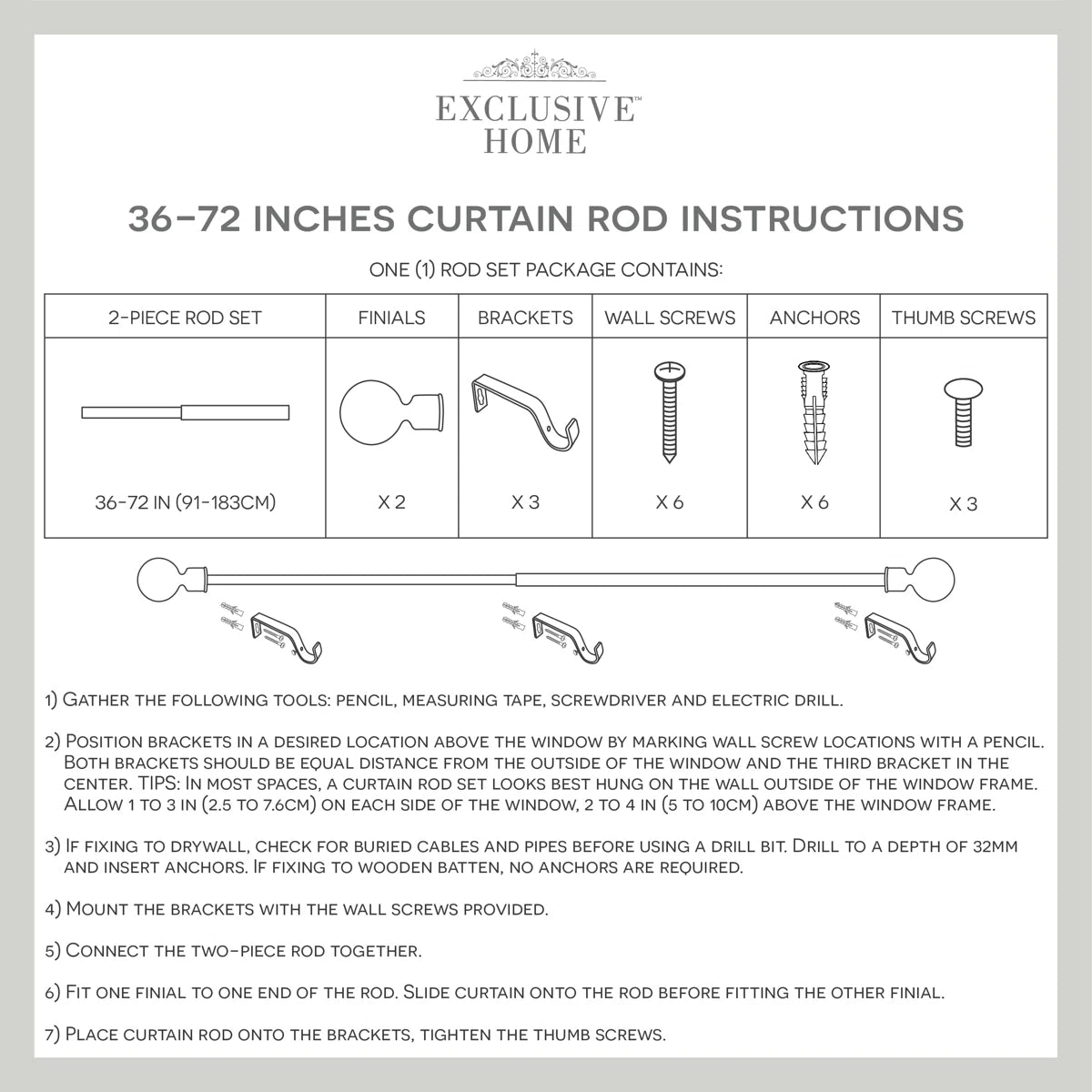 Curtain Rod - 36" - 72" Exclusive Home Topper 1" Curtain Rod and Finial Set
