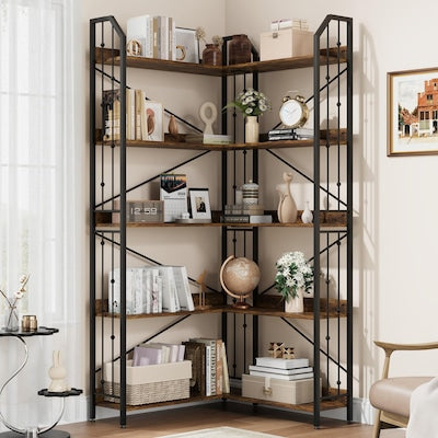 Bookcase - Corner Bookshelf 72" L Shaped Bookcase, Industrial 5 Tier L-Shape