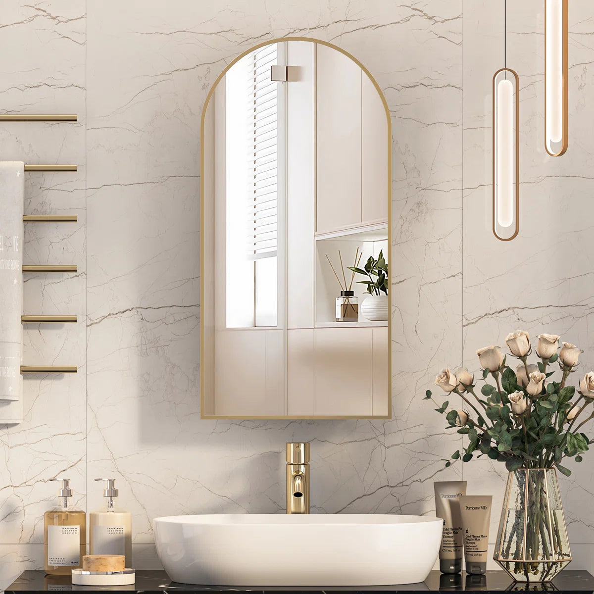 Mirror - Mepplzian Arched Bathroom Medicine Cabinet With Mirror & Shelves,Right Open,Recessed 31.5" H x 15.8" W x 4.5" D