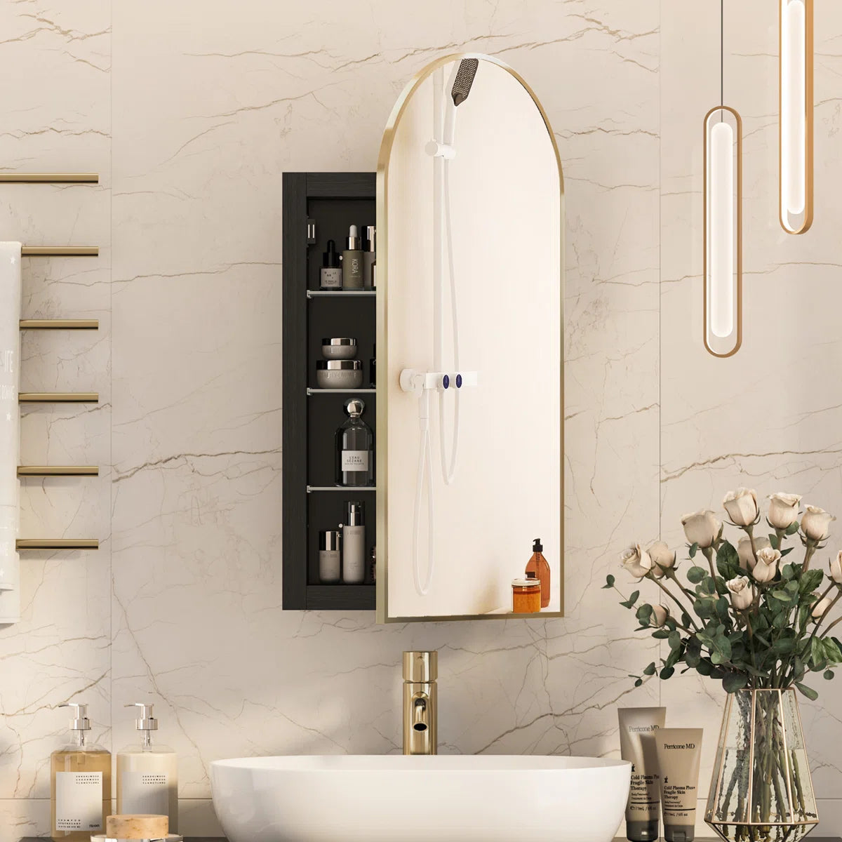 Mirror - Mepplzian Arched Bathroom Medicine Cabinet With Mirror & Shelves,Right Open,Recessed 31.5" H x 15.8" W x 4.5" D