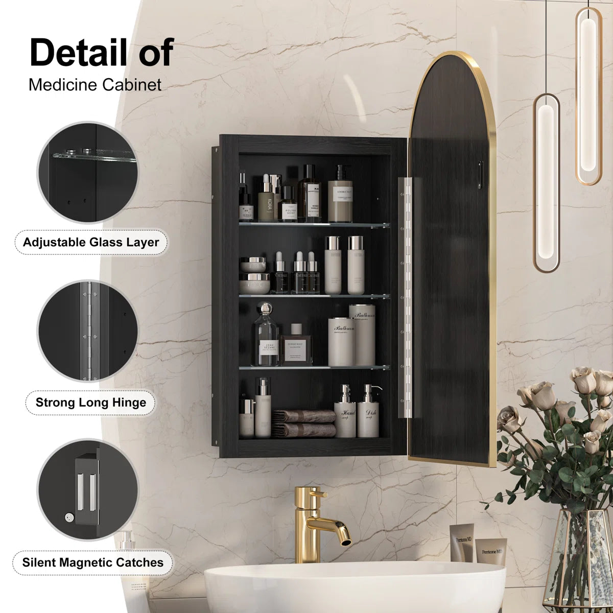 Mirror - Mepplzian Arched Bathroom Medicine Cabinet With Mirror & Shelves,Right Open,Recessed 31.5" H x 15.8" W x 4.5" D