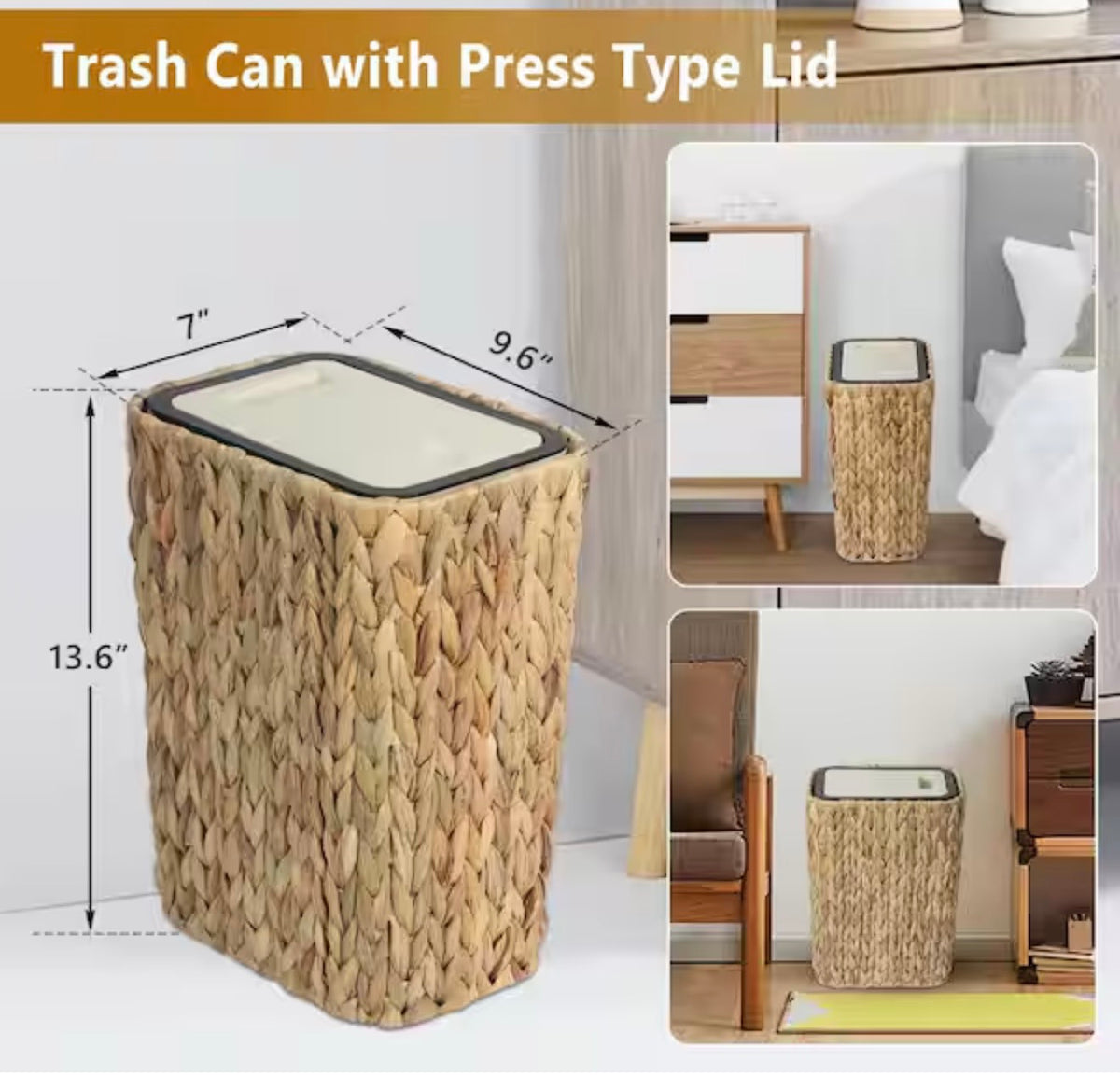 Trash Can - Boho Rattan 2.6 Gallon Trash Can with Press Top Lid Waste Basket and Hamper 2 in 1