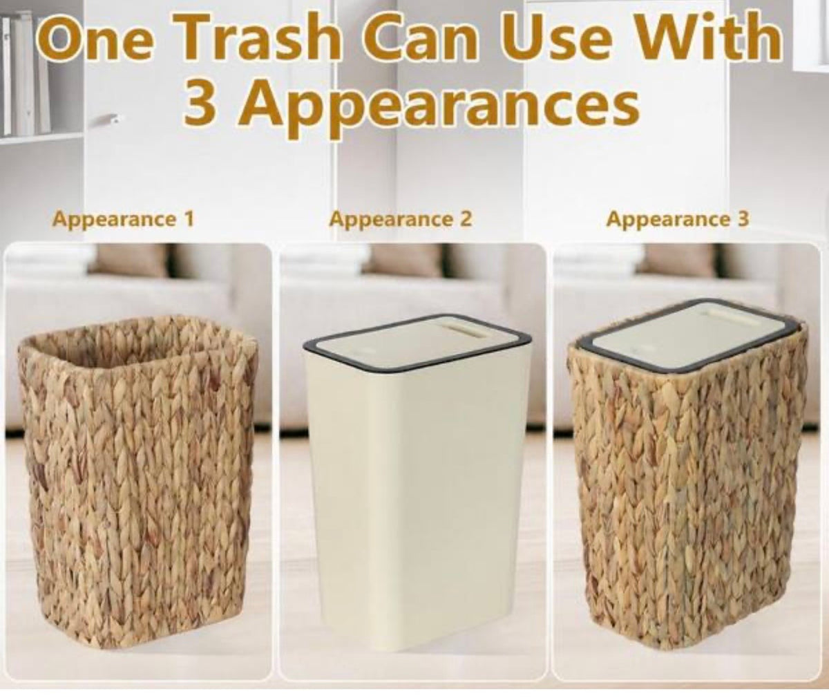 Trash Can - Boho Rattan 2.6 Gallon Trash Can with Press Top Lid Waste Basket and Hamper 2 in 1