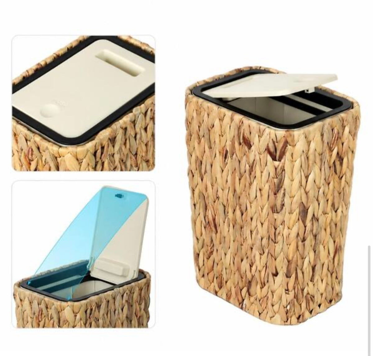 Trash Can - Boho Rattan 2.6 Gallon Trash Can with Press Top Lid Waste Basket and Hamper 2 in 1