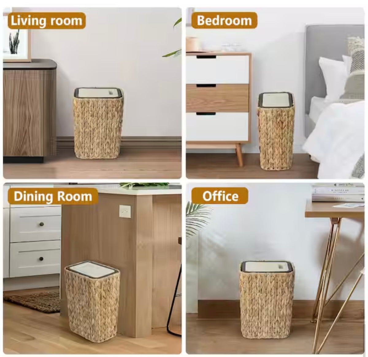 Trash Can - Boho Rattan 2.6 Gallon Trash Can with Press Top Lid Waste Basket and Hamper 2 in 1