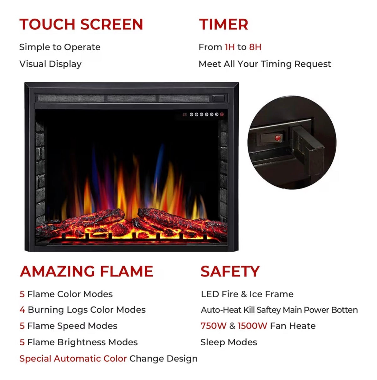 Fireplace Insert - W.FLAME A-36" Electric Fireplace Insert ,Recessed Electric Stove Heater,Touch Screen,Remote Control,750W-1500W with Timer & Colorful Flame Option(36" X 27")