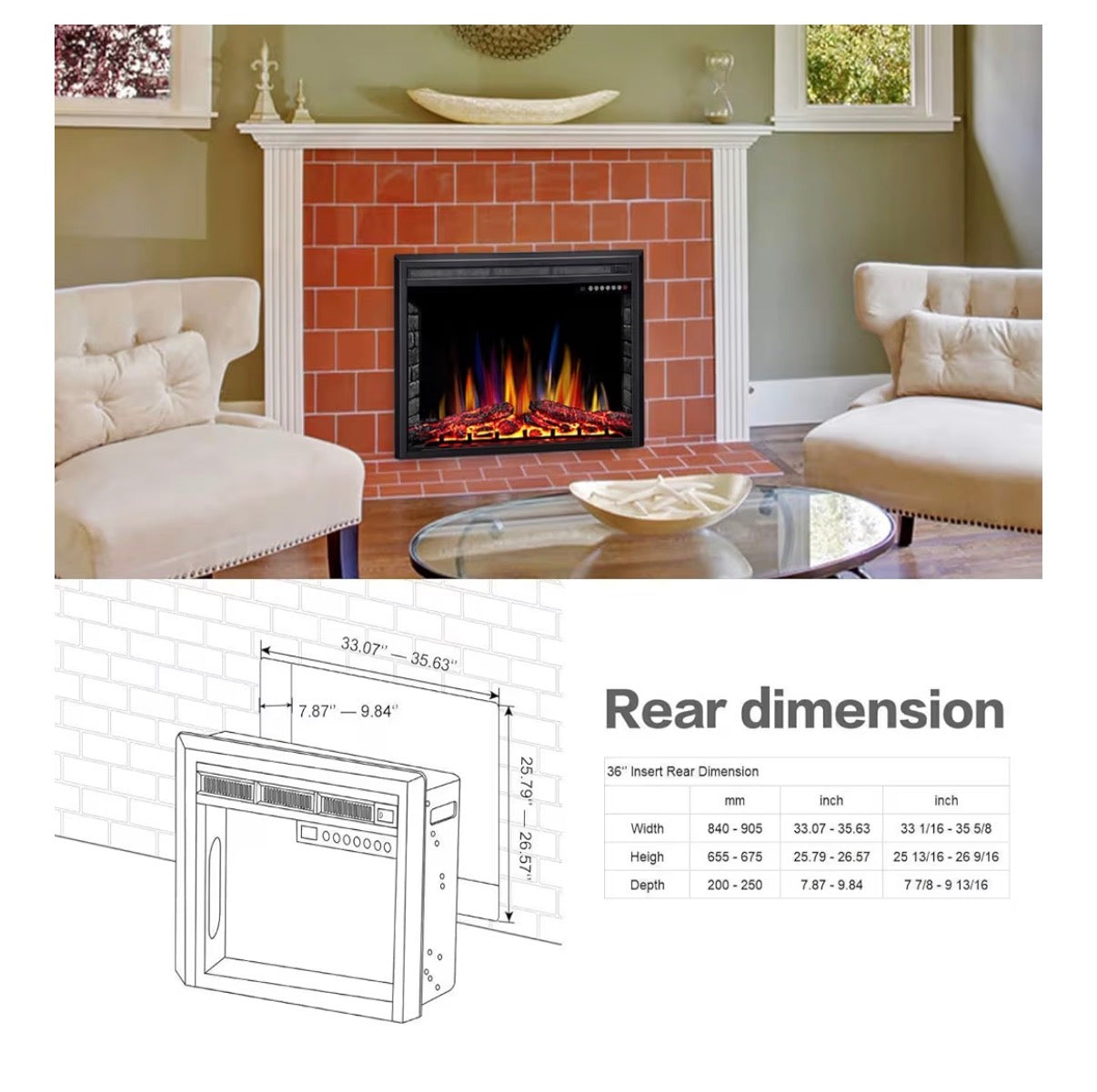 Fireplace Insert - W.FLAME A-36" Electric Fireplace Insert ,Recessed Electric Stove Heater,Touch Screen,Remote Control,750W-1500W with Timer & Colorful Flame Option(36" X 27")