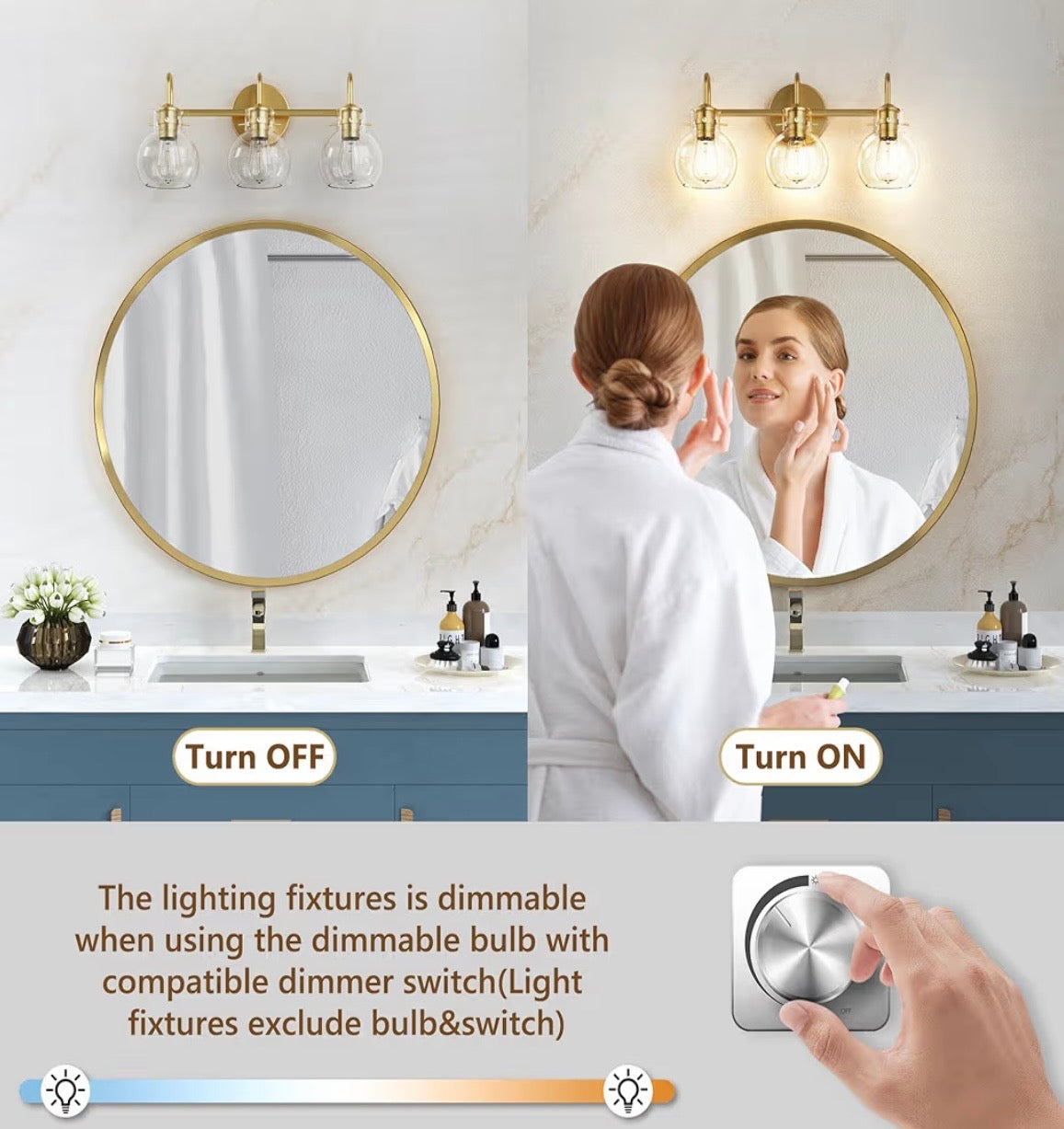 Vanity Light - Primeplus Gold 3 Light Bathroom Light Fixtures, Modern Bathroom Vanity Lights Fixtures Over Mirror with Clear Globe Glass Shade