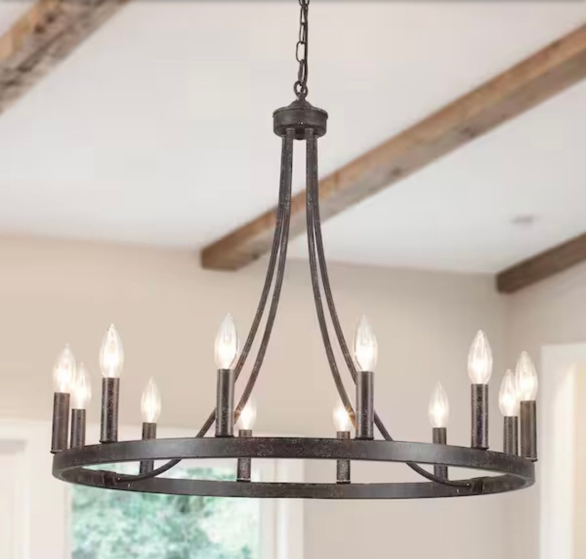 Chandelier- Loene 12-Light Antique Brown Farmhouse Candle Style Dimmable Wagon Wheel