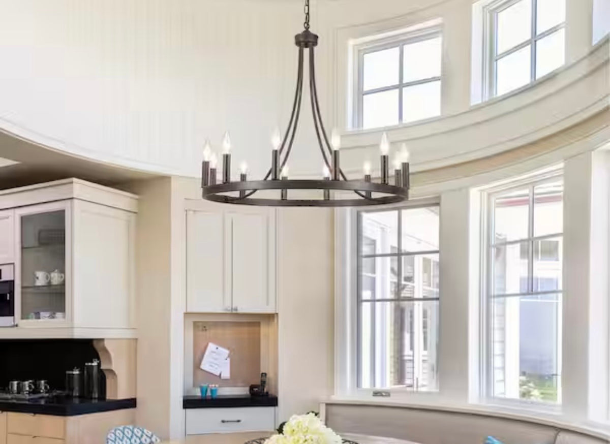 Chandelier- Loene 12-Light Antique Brown Farmhouse Candle Style Dimmable Wagon Wheel