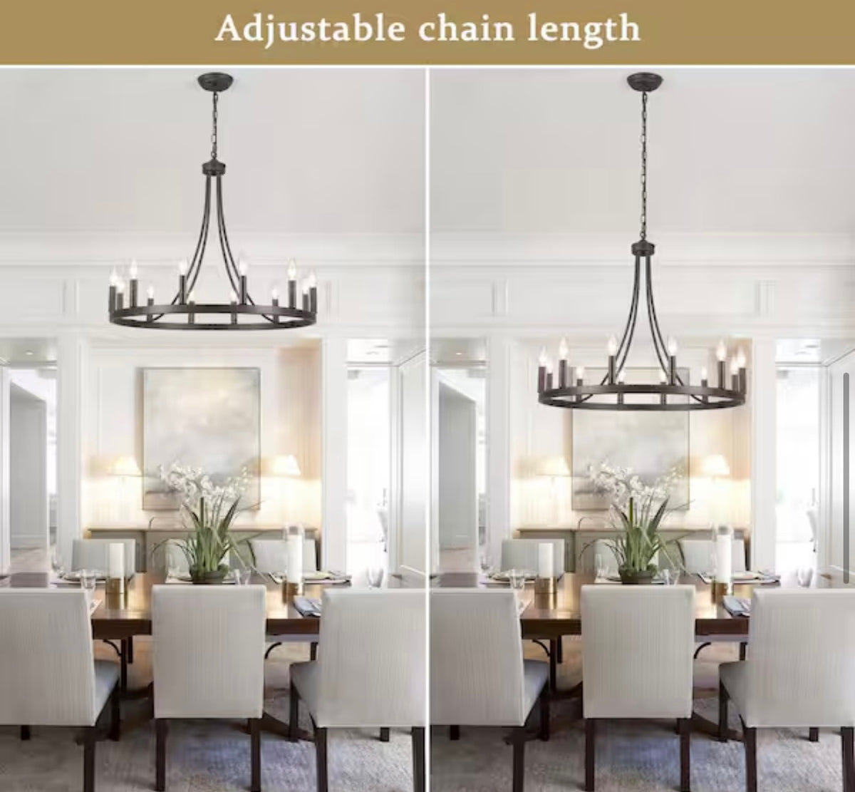 Chandelier- Loene 12-Light Antique Brown Farmhouse Candle Style Dimmable Wagon Wheel
