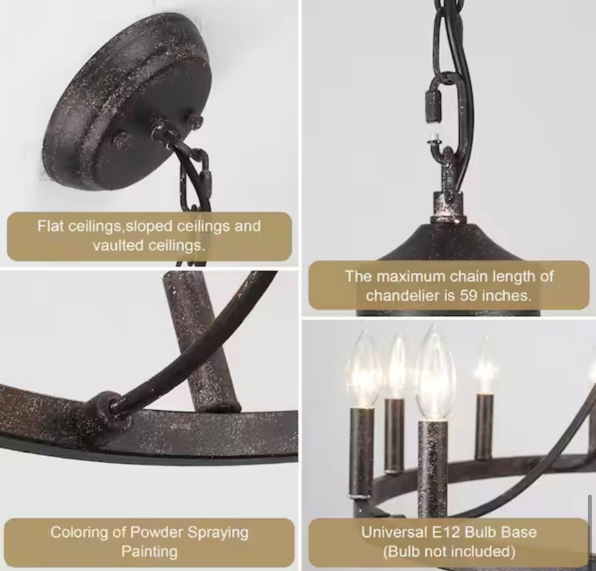 Chandelier- Loene 12-Light Antique Brown Farmhouse Candle Style Dimmable Wagon Wheel