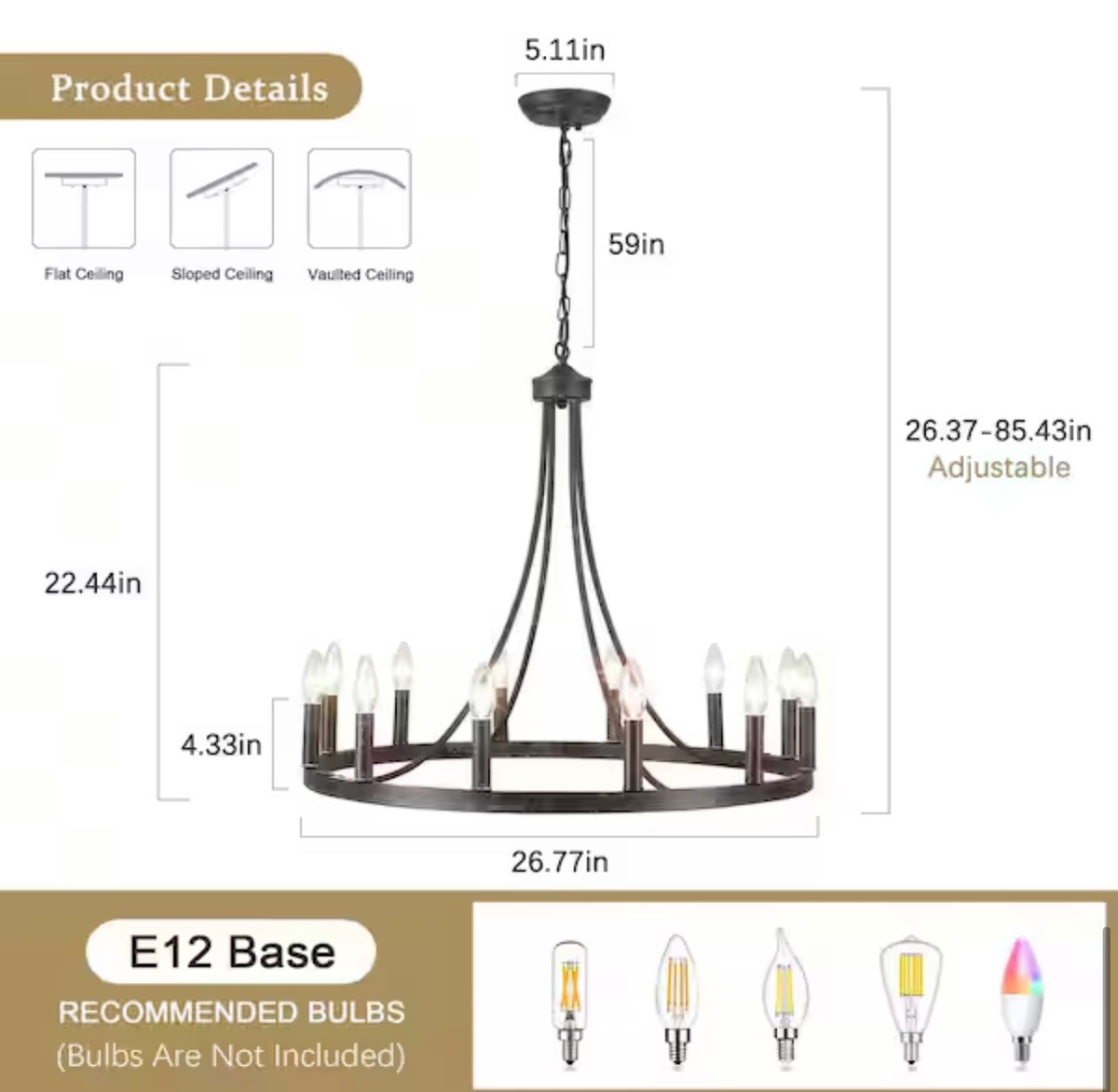 Chandelier- Loene 12-Light Antique Brown Farmhouse Candle Style Dimmable Wagon Wheel