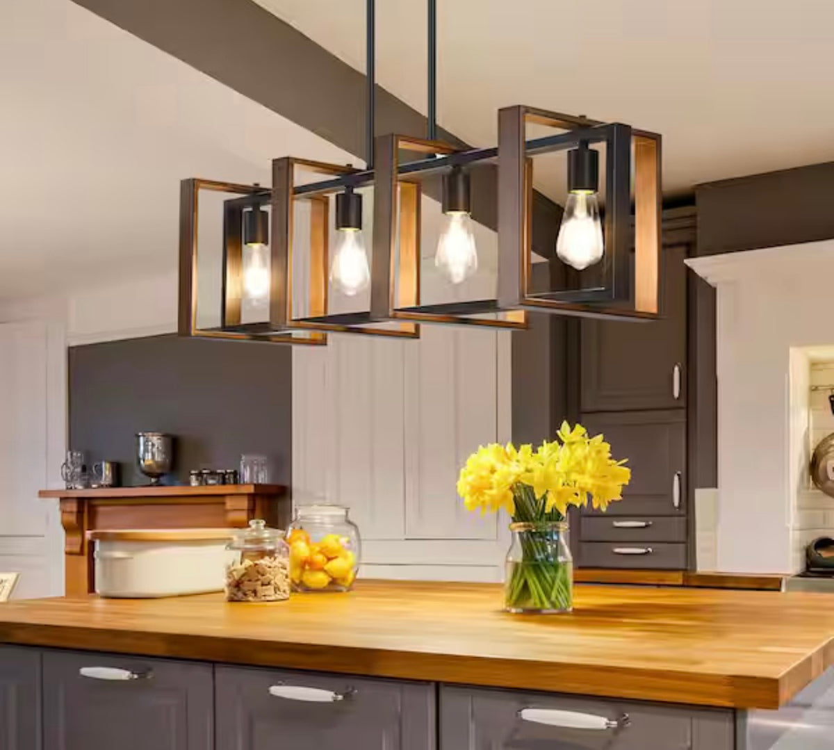 Island Pendant Light- Edishine 4 Light Dining Room Shaded Pendant Light with Rustic Wood and Black Mental Finish Shade