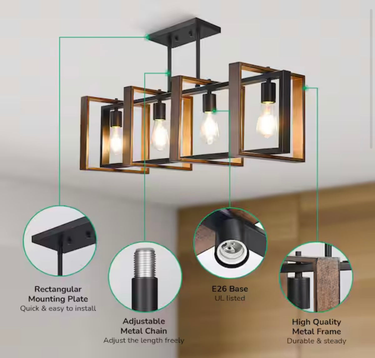 Island Pendant Light- Edishine 4 Light Dining Room Shaded Pendant Light with Rustic Wood and Black Mental Finish Shade