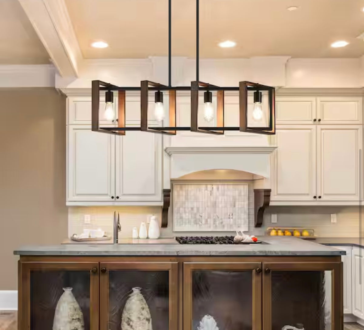 Island Pendant Light- Edishine 4 Light Dining Room Shaded Pendant Light with Rustic Wood and Black Mental Finish Shade