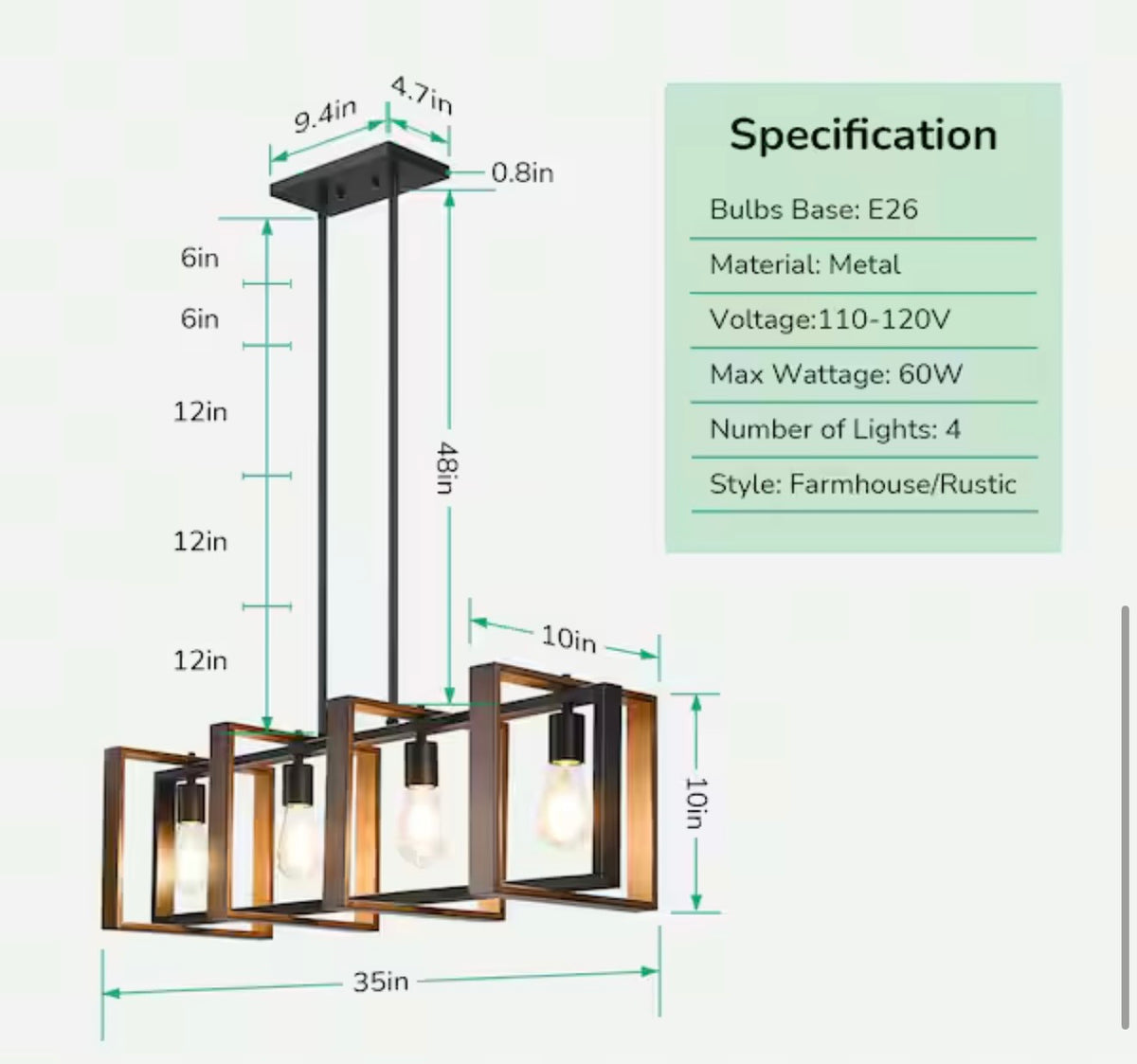 Island Pendant Light- Edishine 4 Light Dining Room Shaded Pendant Light with Rustic Wood and Black Mental Finish Shade