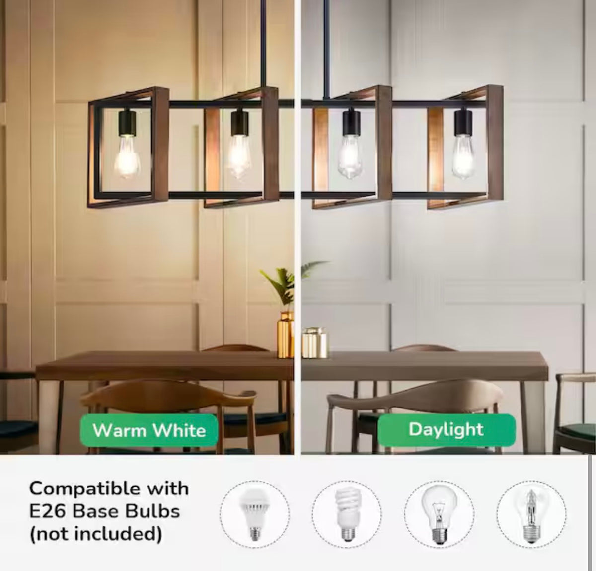 Island Pendant Light- Edishine 4 Light Dining Room Shaded Pendant Light with Rustic Wood and Black Mental Finish Shade