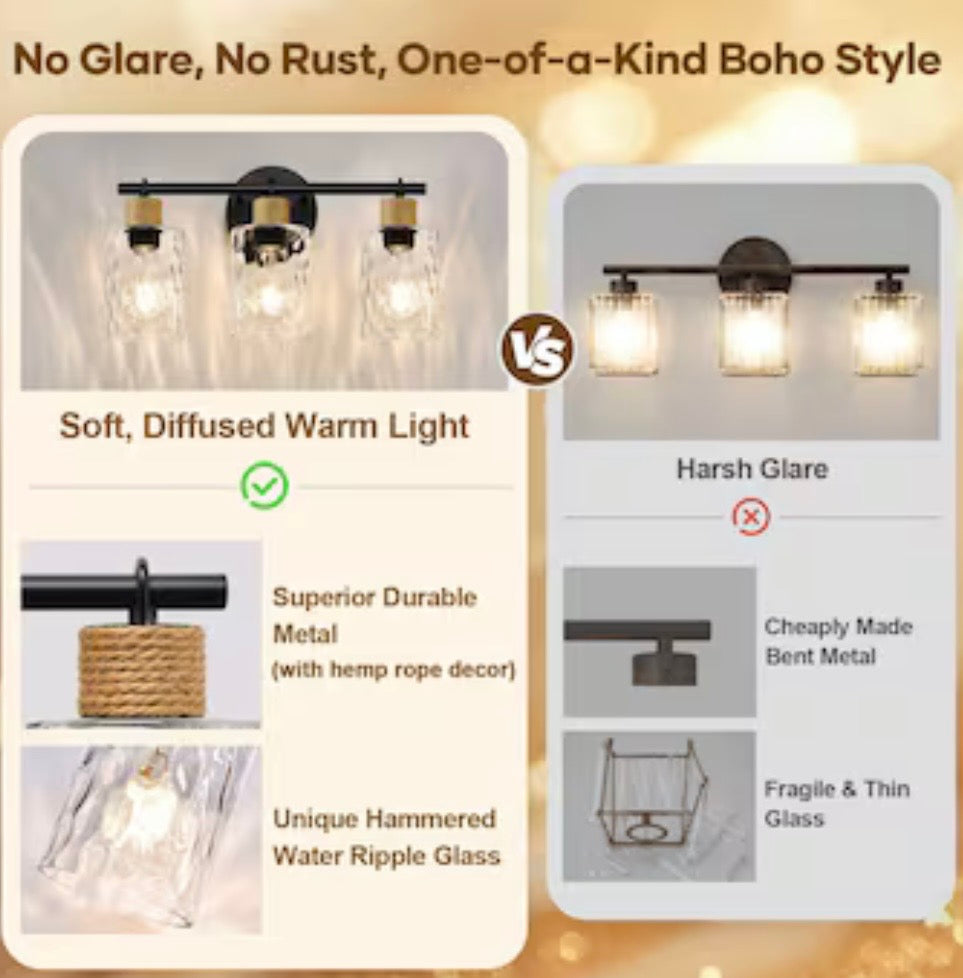 Vanity Light - Aoibox Coastal Matte Black Bathroom Vanity Light with Crystal Glass Shade and Hemp Rope Accent Wall Fixture
