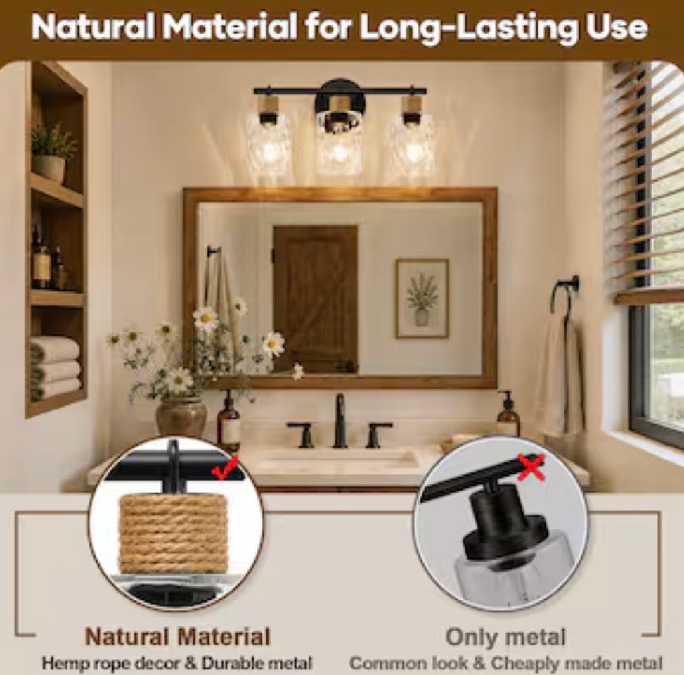 Vanity Light - Aoibox Coastal Matte Black Bathroom Vanity Light with Crystal Glass Shade and Hemp Rope Accent Wall Fixture