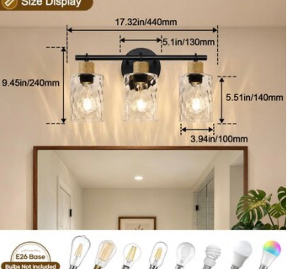Vanity Light - Aoibox Coastal Matte Black Bathroom Vanity Light with Crystal Glass Shade and Hemp Rope Accent Wall Fixture