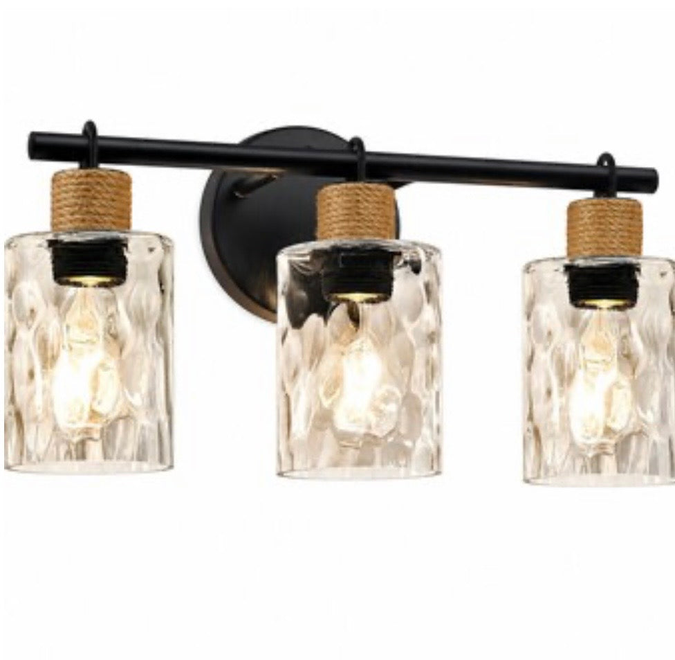 Vanity Light - Aoibox Coastal Matte Black Bathroom Vanity Light with Crystal Glass Shade and Hemp Rope Accent Wall Fixture