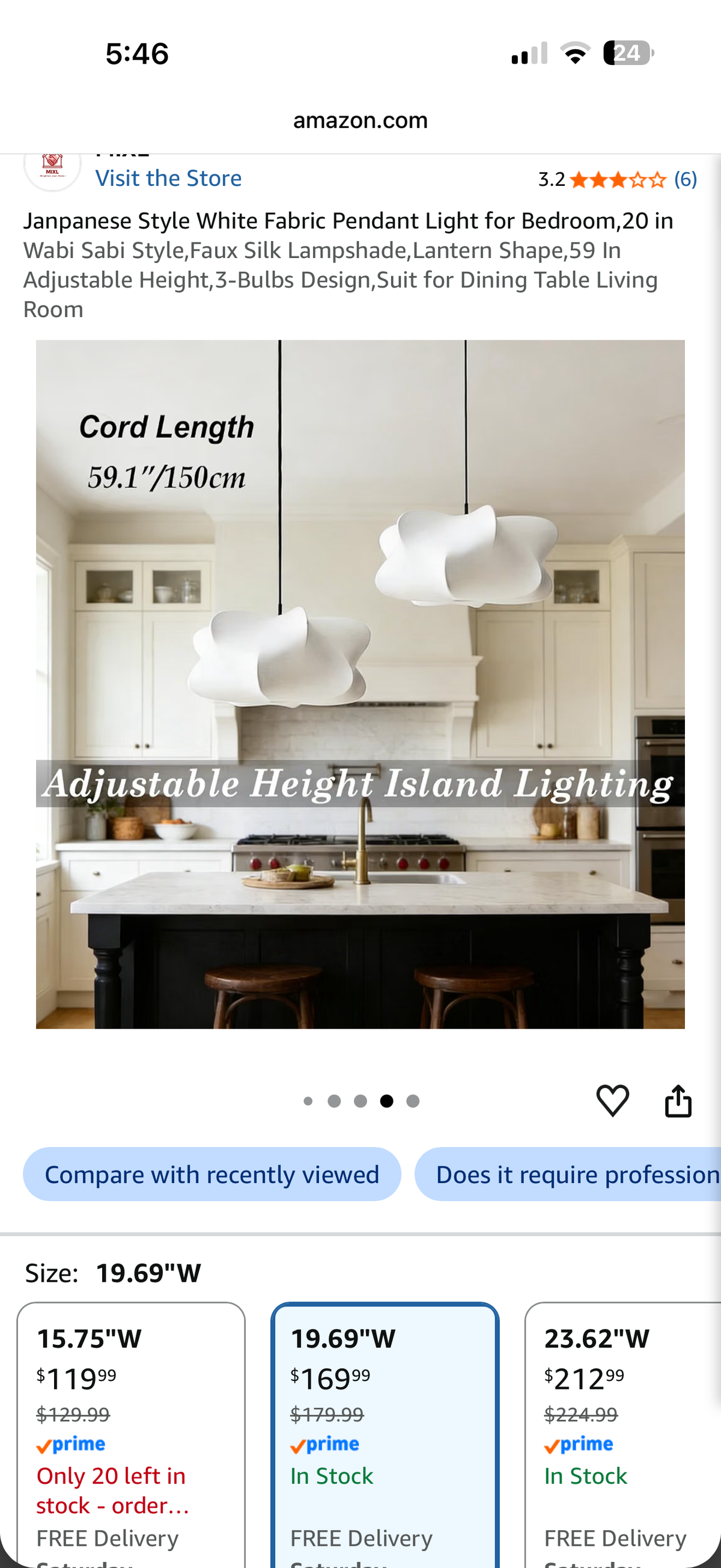 Pendant Light- MIXL Janpanese Style White Fabric 20 in
