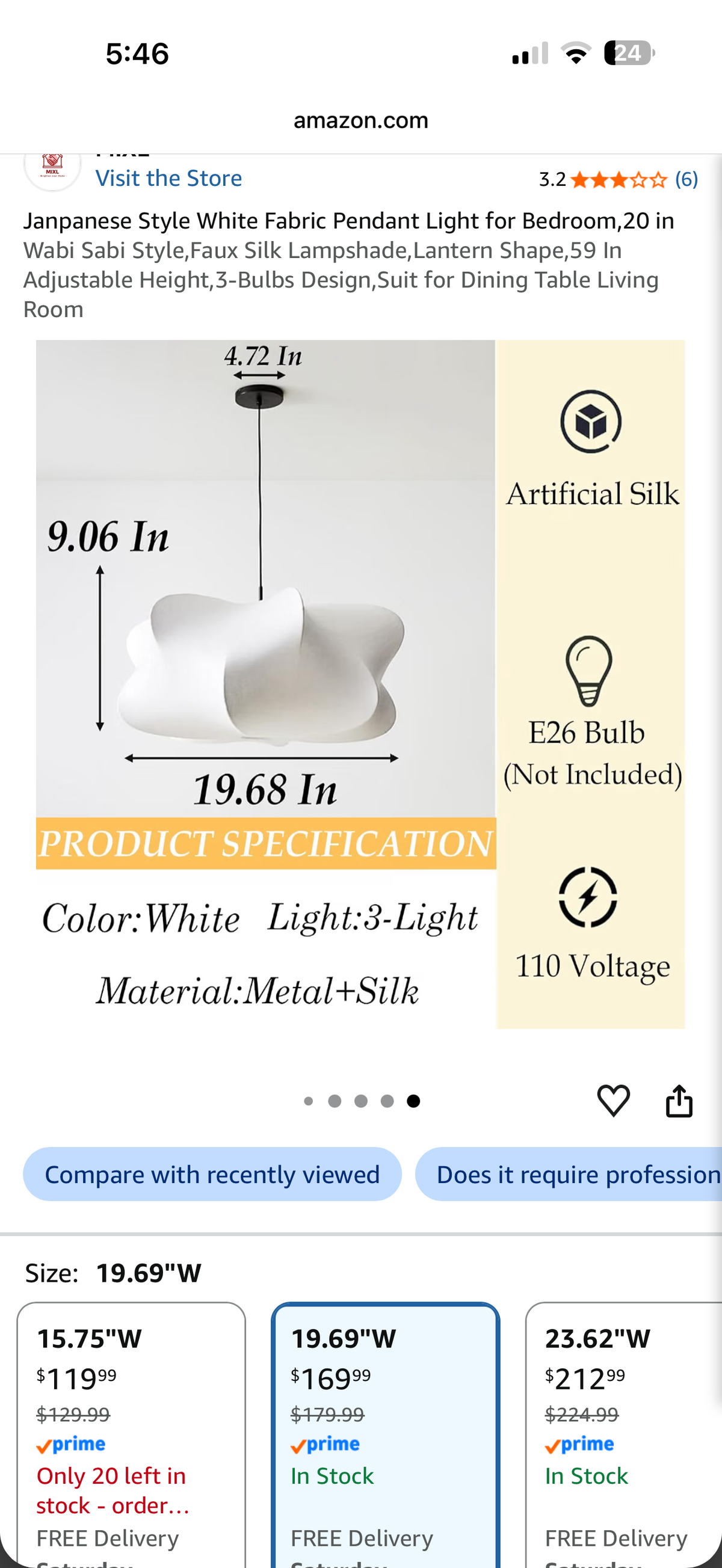 Pendant Light- MIXL Janpanese Style White Fabric 20 in