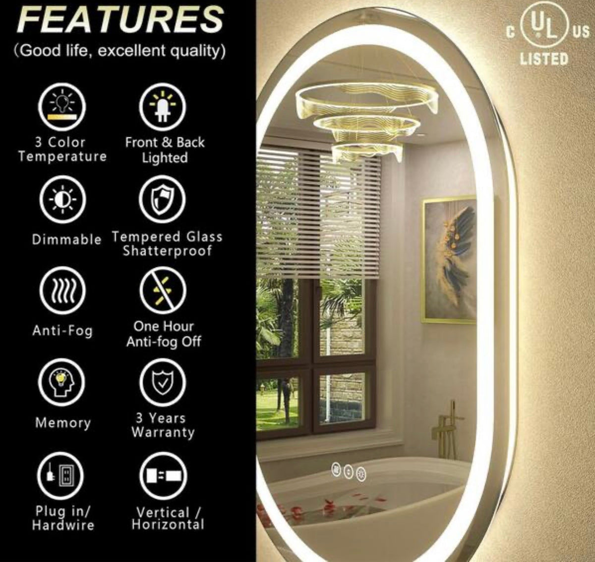 Mirror - 24 in. W x 32 in. H Oval Frameless UL Certified Front and Back LED Anti-Fog