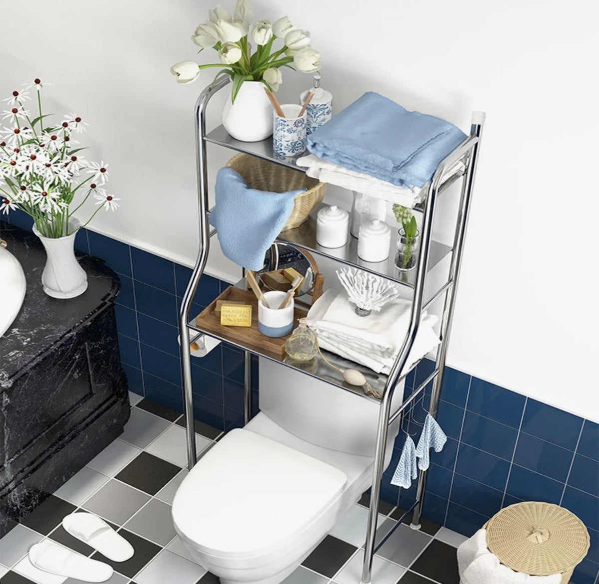 Organization - Bathroom Over Toilet Stand 3 - Tier, Stainless Steel, Silver Finish, Freestanding with Towel & Paper Holder