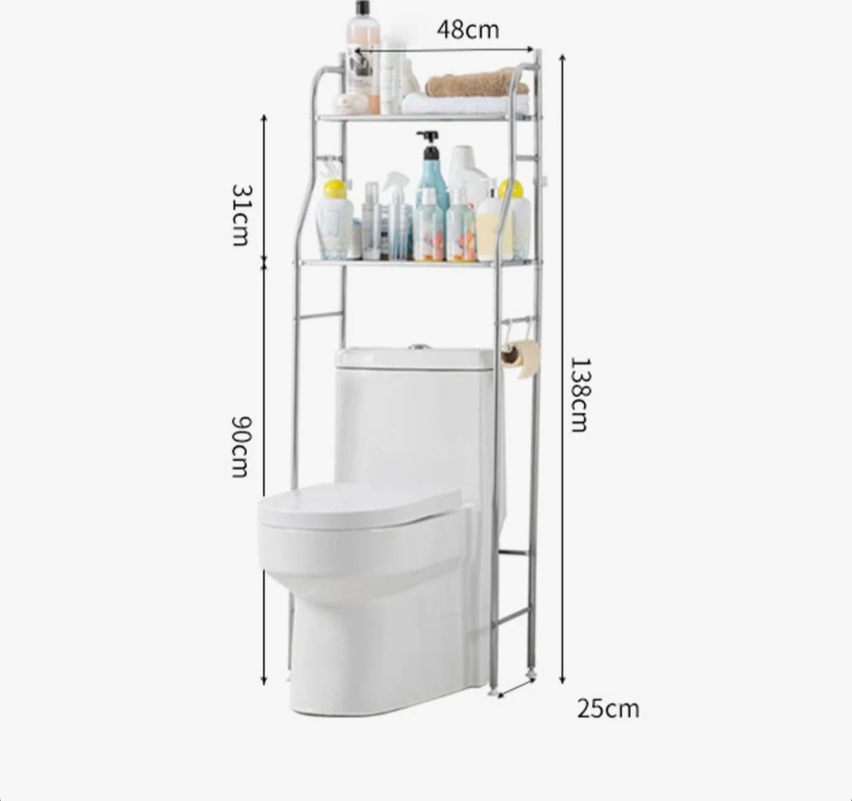 Organization - Bathroom Over Toilet Stand 3 - Tier, Stainless Steel, Silver Finish, Freestanding with Towel & Paper Holder