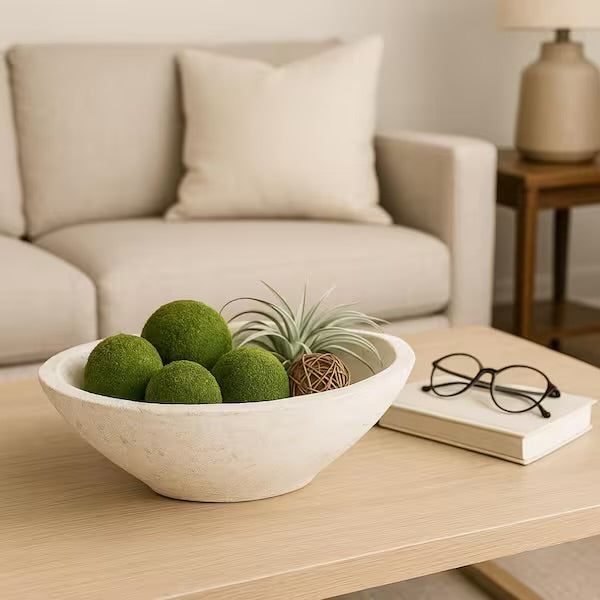 Home Decor - White Pottery Tapered Decorative Bowl with Rough Finish