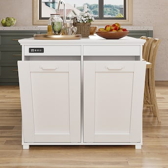 Trash Cabinet - Homsee Deodorizing Trash Cabinet – White MDF Double Bin Holder with Odor Control