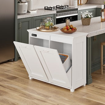 Trash Cabinet - Homsee Deodorizing Trash Cabinet – White MDF Double Bin Holder with Odor Control