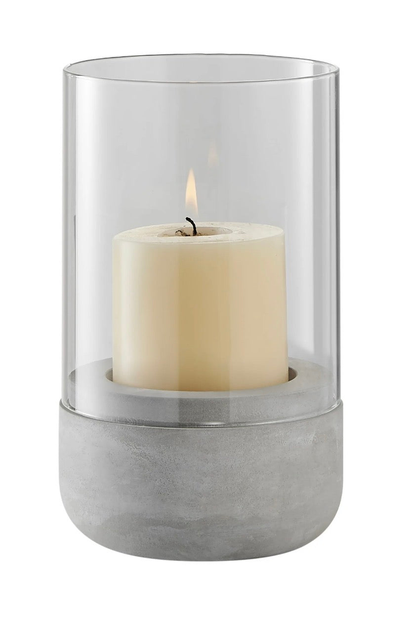 Home Decor - Modern Cool Gray Cement Base and Glass Pillar Hurricane Candle Holder