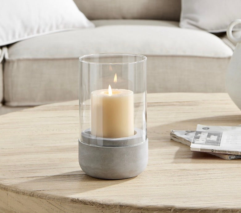 Home Decor - Modern Cool Gray Cement Base and Glass Pillar Hurricane Candle Holder