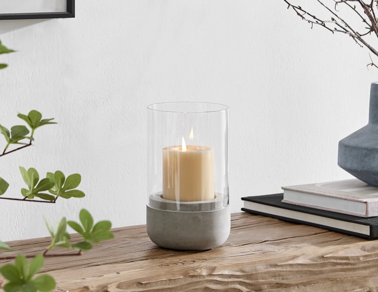 Home Decor - Modern Cool Gray Cement Base and Glass Pillar Hurricane Candle Holder