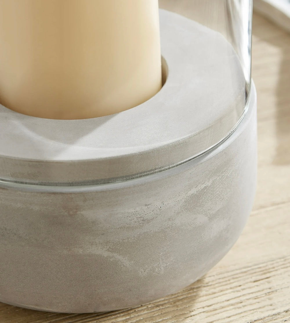 Home Decor - Modern Cool Gray Cement Base and Glass Pillar Hurricane Candle Holder