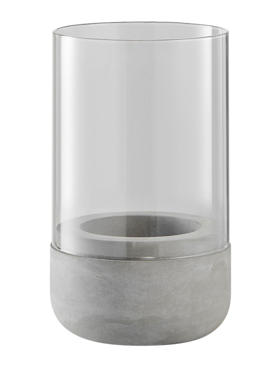 Home Decor - Modern Cool Gray Cement Base and Glass Pillar Hurricane Candle Holder