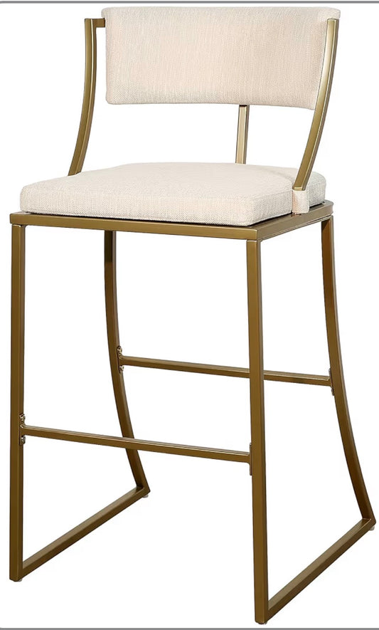 Barstool Single - 30” Mina Bar-Height Metal Bar Stool, Antique Brass with Upholstered Beige Seat and Back