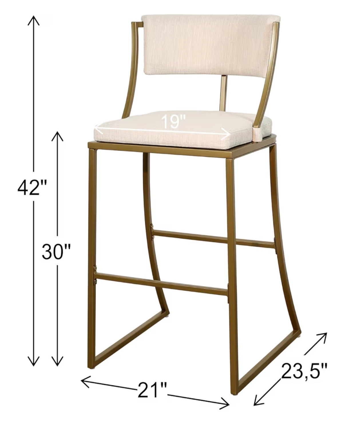 Barstool Single - 30” Mina Bar-Height Metal Bar Stool, Antique Brass with Upholstered Beige Seat and Back