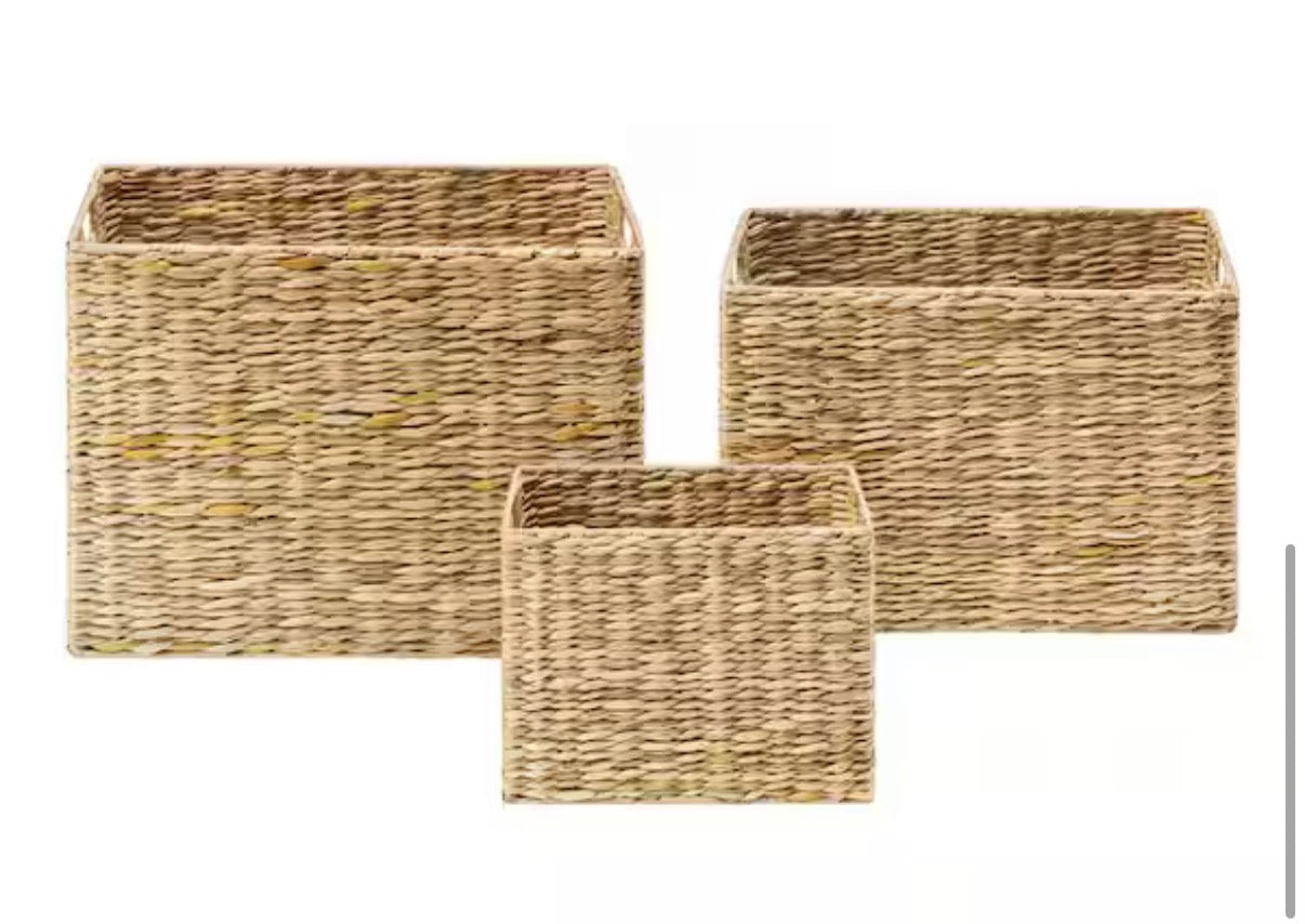 Basket Set of 3 - Rectangular Bulrush Storage Basket