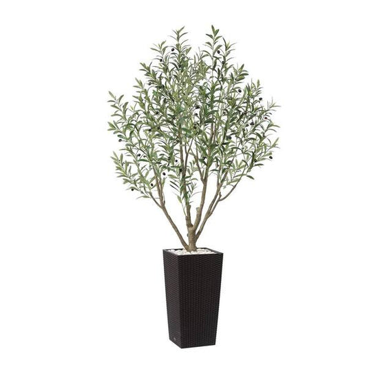 Faux Plant - 5 ft.Faux Olive Tree UV Resistant with Brown Tall Planter, Artificial Olive Tree for Outdoor Decor