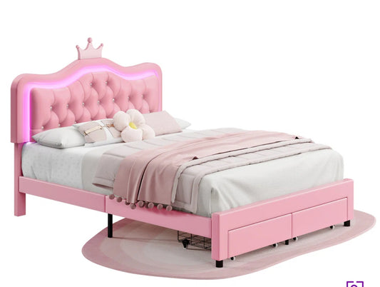 Bed - Queen Size Largent Pink leather upholstered storage with crown headboard - Hebron 2