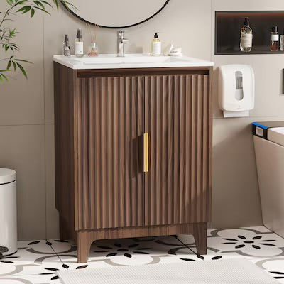 Bathroom Vanity - VINGLI 24 inch Bathroom Vanity Combo Walnut Fluted Sink Cabinet with Ceramic Top Mid-Century Modern Faucet Included